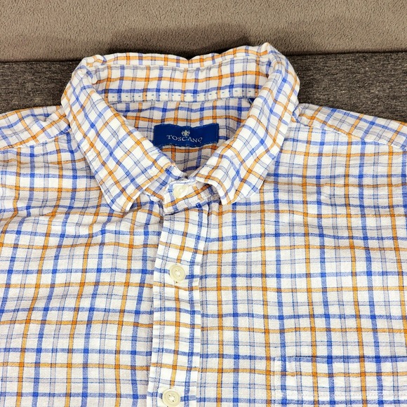Toscano Linen Button Up Shirt XL Men Short Sleeve Plaid Blue Orange Assaraf - Picture 7 of 9